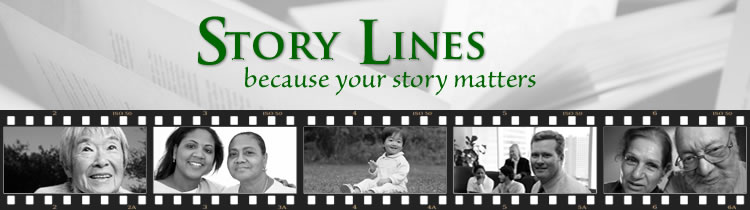Story Lines logo with a background of an open book; below the logo is a film strip containing five frames, which display from left to right: an elderly Asain woman, an African American mother and daughter, a Chinese baby, a group of people in an office, and an elderly Caucasian couple